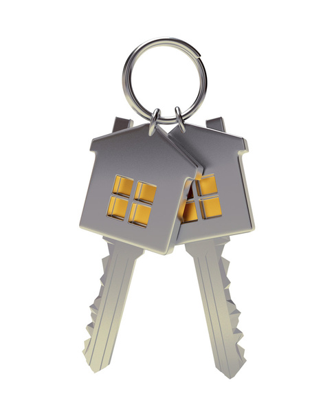 Lot de deux clés argentées en forme de maison sur un porte-clés
 - Photo, image