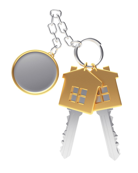 Clés en forme de maison dorée avec porte-clés rond blanc isolé sur fond blanc
 - Photo, image