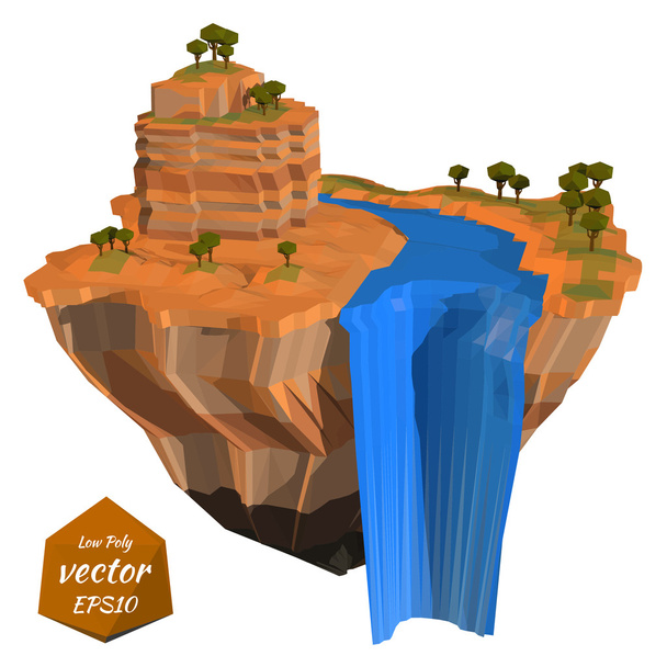Abstract floating island with a rock waterfall. Low poly style.  - ベクター画像