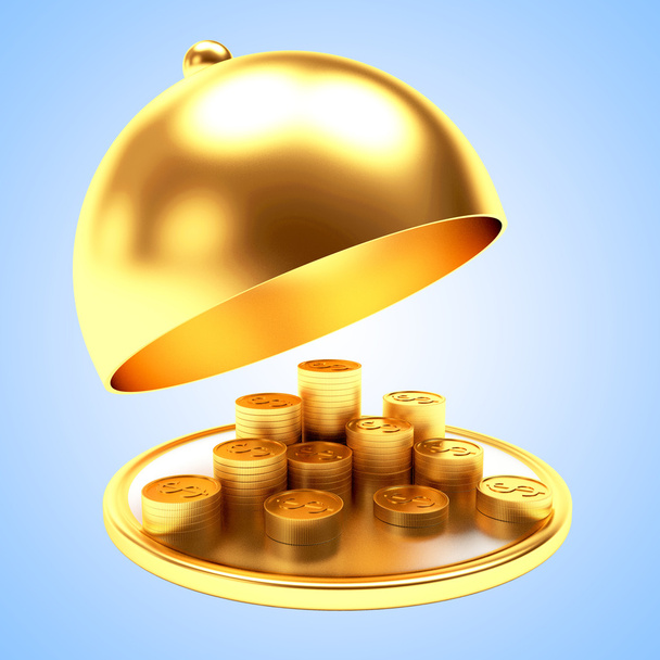 Stacks of golden coins on tray with open lid - Foto, imagen