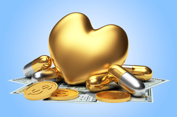 Złote serce z pigułki i pieniądze na niebiesko - Zdjęcie, obraz