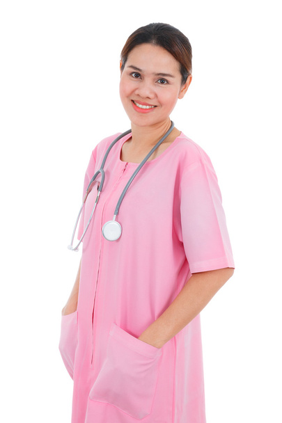 Asiática sonriente enfermera aislado en blanco fondo
 - Foto, Imagen