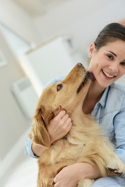 woman petting her dog - Photo, image