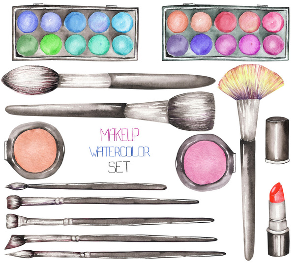 Um conjunto com as ferramentas de maquiagem aquarela: blusher, sombra, batom e pincéis de maquiagem
 - Foto, Imagem
