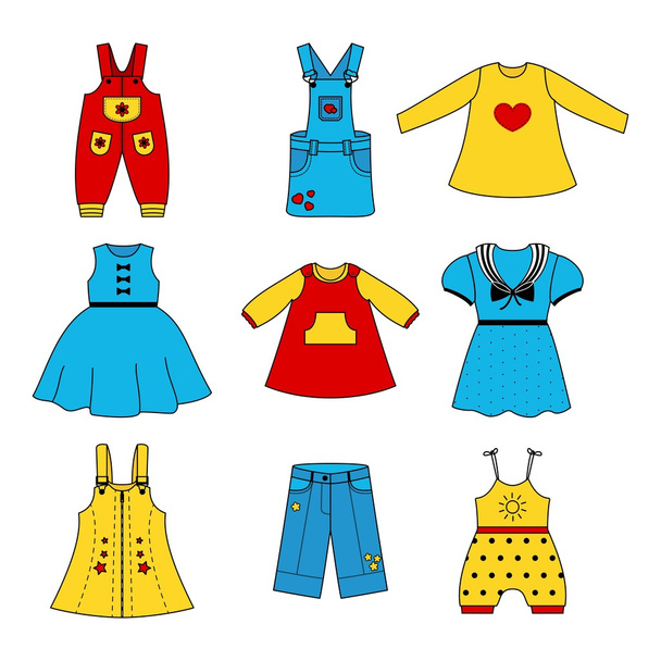 Set of cute dresses for the little girl. Collection of clothing in  linear style for the child. Vector outline  icons - Vector, Image