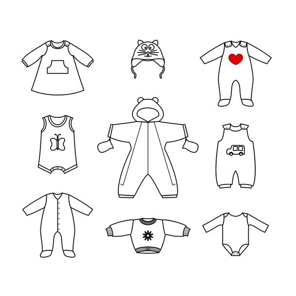 Conjunto de roupas fofas para o bebê. Coleção de roupas em estilo linear para o recém-nascido
. - Vetor, Imagem