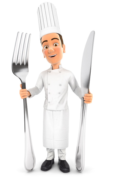 Jefe de cocina 3d con tenedor y cuchillo
 - Foto, imagen