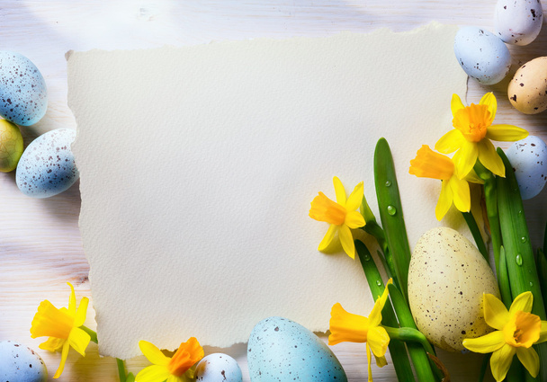sztuka tło Wielkanoc pisanki i wiosennych kwiatów - Zdjęcie, obraz