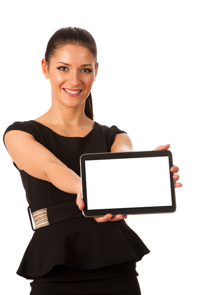 Donna d'affari in possesso di tablet e mostrando monitor vuoto
  - Foto, immagini