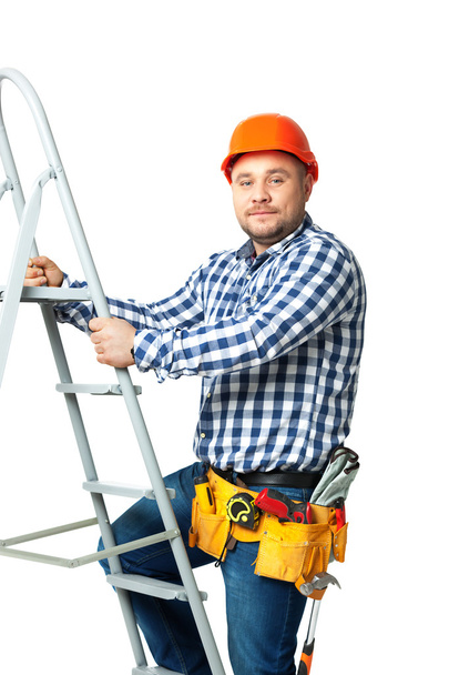 Portrait of construction builder isolated on white. - Фото, изображение