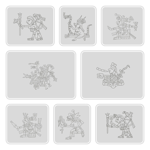 set van zwart-wit pictogrammen met symbolen uit de Azteekse codices - Vector, afbeelding