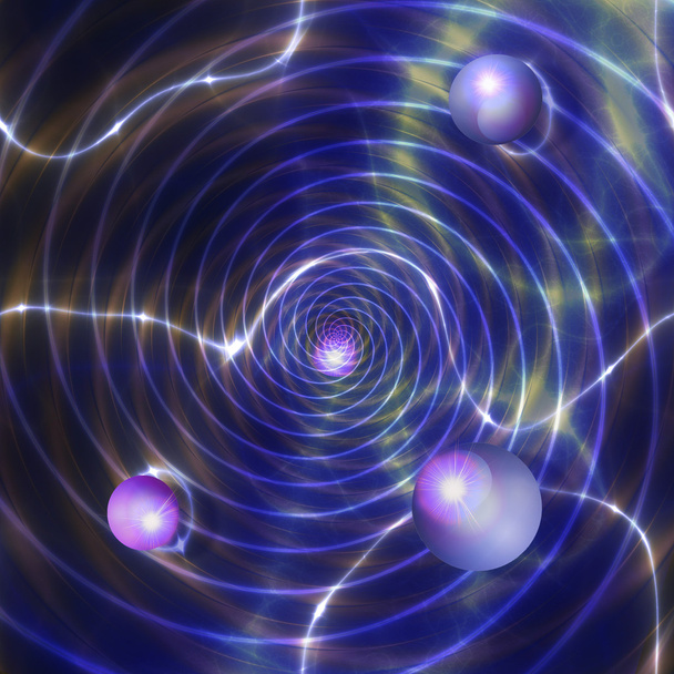 abstrakter dunkler Hintergrund mit konzentrisch leuchtenden Spiralen und rotierenden Kugeln - Foto, Bild