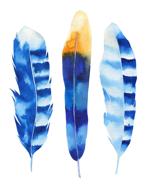 Hand drawn watercolor feather set. Boho style. illustration isol - Foto, afbeelding