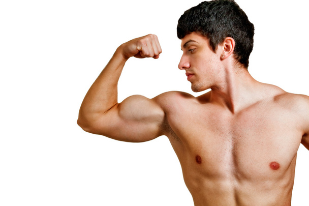 Man with muscular biceps isolated on white - Foto, Imagem