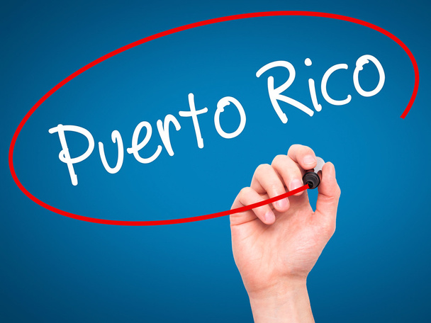Puerto Rico írásban vizuális képernyő marker fekete ember kéz - Fotó, kép