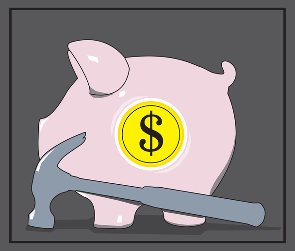 Piggy Dollar Bank with Hammer. Vector illustration. - Вектор,изображение