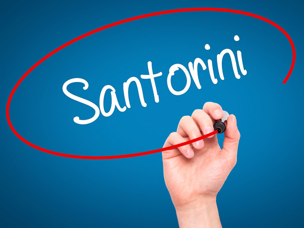 Uomo Scrittura a mano Santorini con pennarello nero sullo schermo visivo
 - Foto, immagini