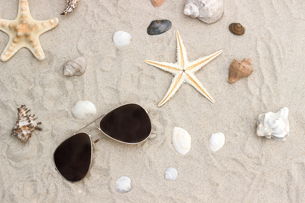 sun glasses and sheashell at sand close-up - Foto, afbeelding