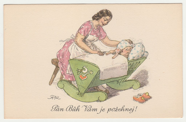 Marie Fischerova-Kvechova - el dibujo coloreado, la madre canta la canción de cuna. Postal vintage
. - Foto, imagen