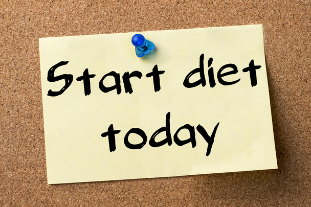 Dziś rozpoczęcie diety - nalepka przypięte na tablicy ogłoszeń - Zdjęcie, obraz