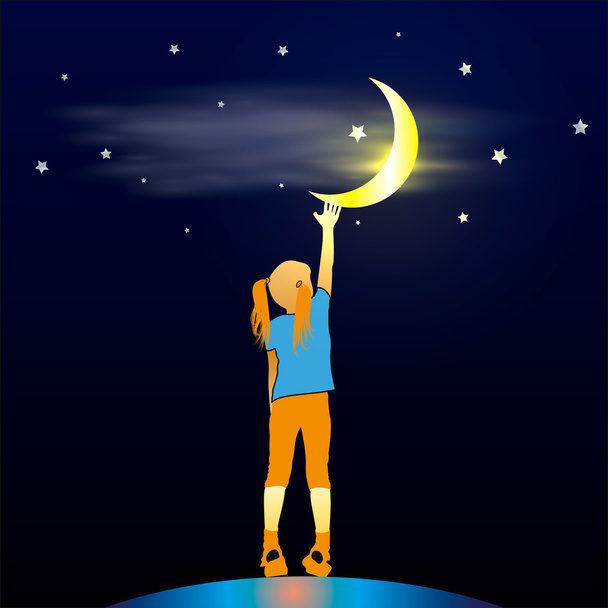 Girl Looking Up at the Moon - Vector, Image