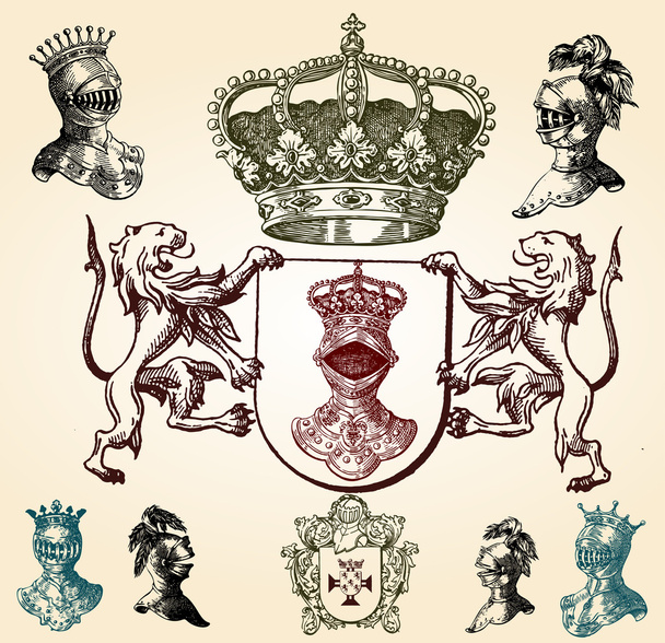 Illustration shield design set with various shapes and decoration - Vektör, Görsel
