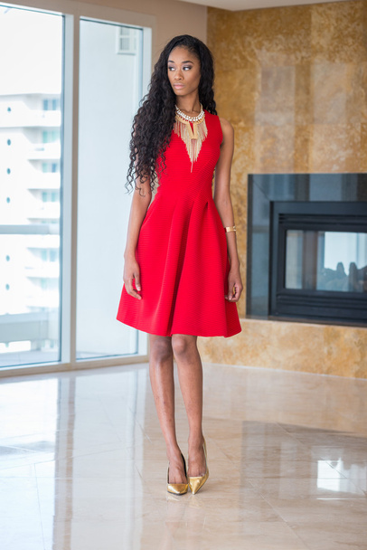 beautiful young black woman in red - 写真・画像
