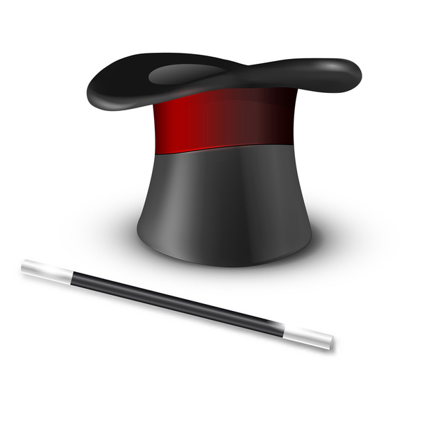 Glossy magic hat and wand on white background - Vector, Image