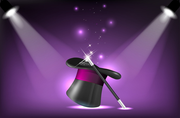 Magicians hat and wand on stage lighting reflectors - Vector, Image