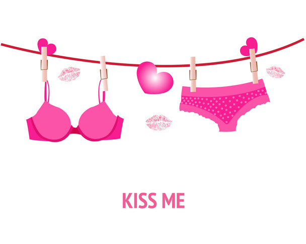 Hanging pink lingerie with hearts and lips vector background - Vector, Image