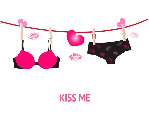 Hanging pink lingerie with lips and hearts vector background - Vector, Image