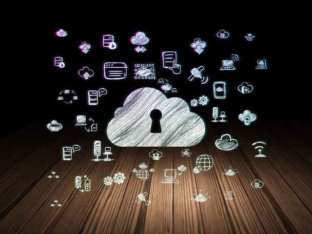 Cloud-Netzwerkkonzept: Cloud mit Schlüsselloch im Grunge Dark Room - Foto, Bild