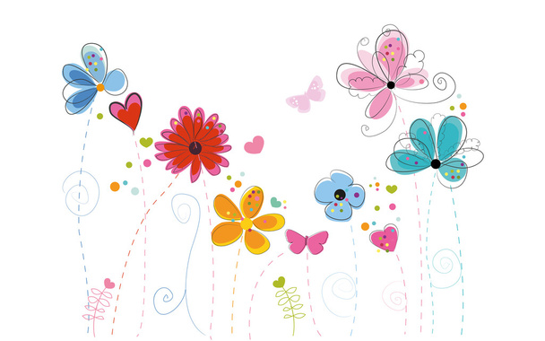Spring time colorful doodle flowers vector background - Vector, Image
