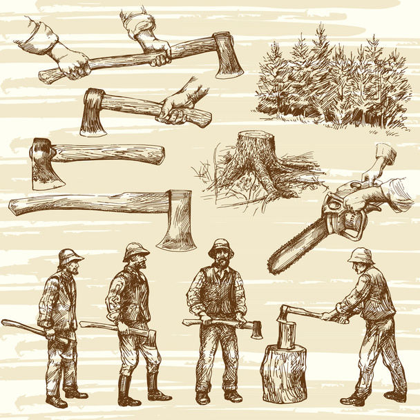 Houthakkers, snijden hout - hand getrokken collectie - Vector, afbeelding