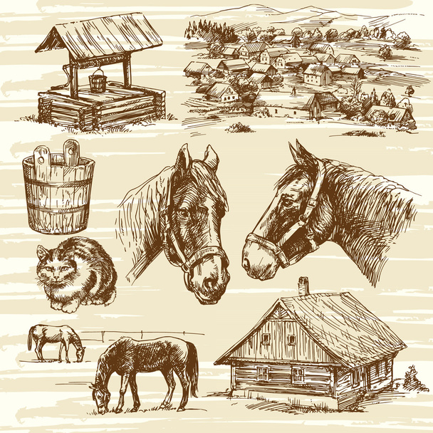 Granja y caballos - conjunto dibujado a mano
 - Vector, imagen