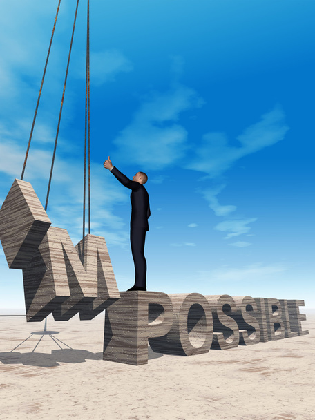 Concepto conceptual 3D hombre de negocios de pie sobre piedra abstracta texto imposible en el fondo del cielo
 - Foto, Imagen