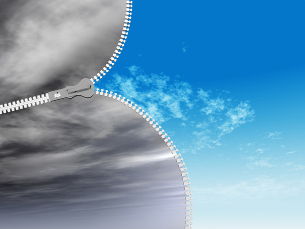 Konzept oder konzeptionelle 3D abstrakte Reißverschluss von dramatischen dunklen bewölkten Himmel zu einem sonnigen sommerblauen Himmel mit Wolken Hintergrund - Foto, Bild