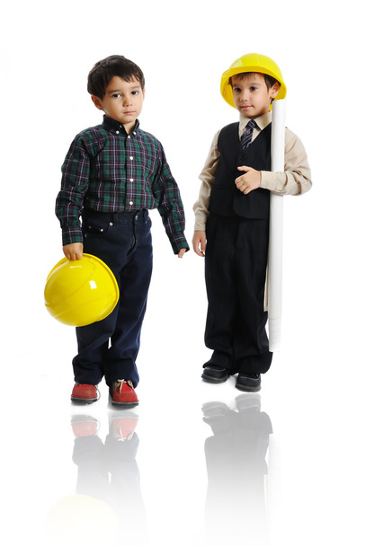 Little cute engineers isolated, kids playing together - Photo, Image