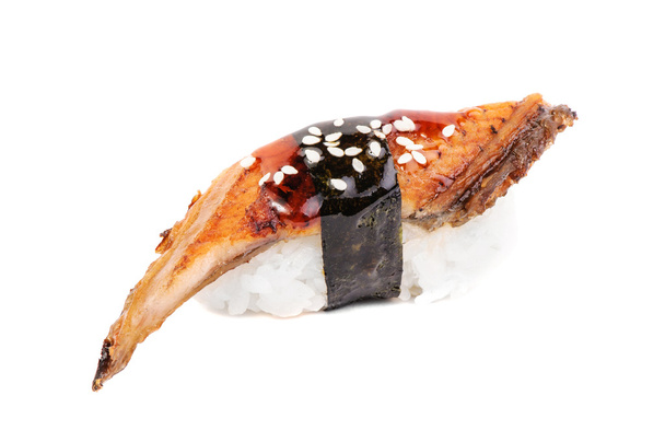 Sushi nigiri with fried eel on white background isolated - Фото, изображение