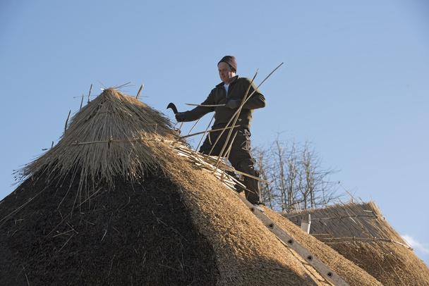 Master thatcher che lavora su un tetto di paglia
 - Foto, immagini