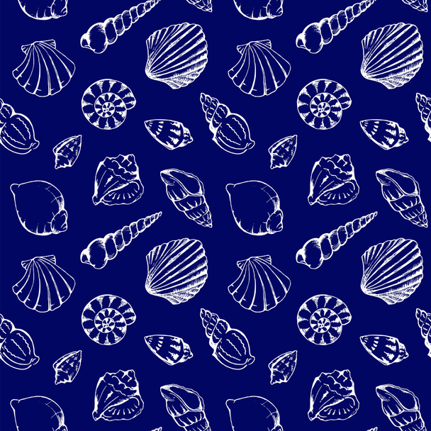 Monochrome sea shells vector seamless pattern texture background - Vector, Image