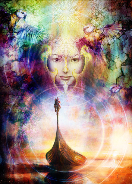Goddess Woman  with bird, and oriental ornamental mandala and color background. Original painting collage. - Φωτογραφία, εικόνα
