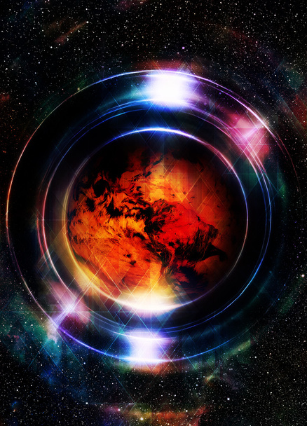 Planeta Tierra en círculo de luz, Fondo Cósmico Espacial. Un collage informático. Concepto Tierra. Elementos de esta imagen proporcionados por la NASA. - Foto, imagen