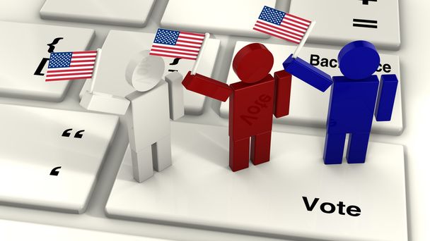 Three people waving the american flag on a vote key of a compute - Photo, Image