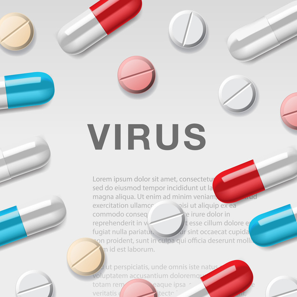 Virus concept with syringes and medication, information background, mockup, vector illustration. - Vetor, Imagem
