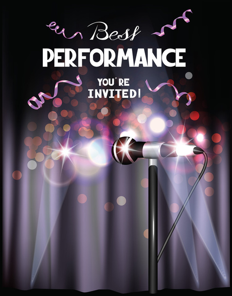 Poster with curtains, microphone and lights - Vector, Image