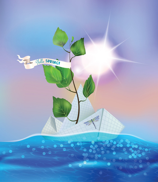 Vectorillustratie met papier schip zwemmen op spring brook - Vector, afbeelding