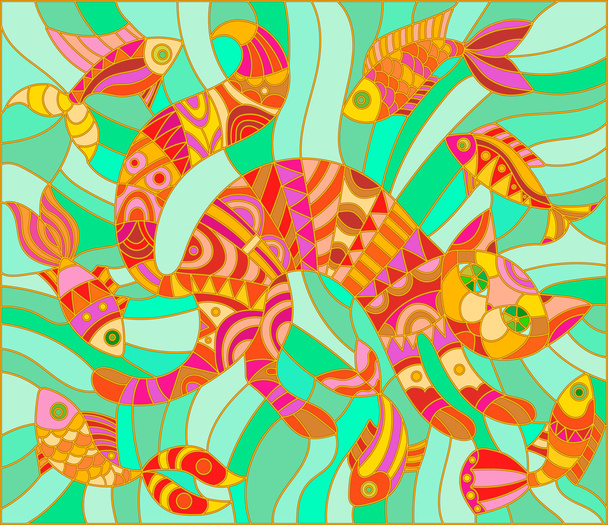 Vitray stil soyut kedi ve balık çizimde - Vektör, Görsel