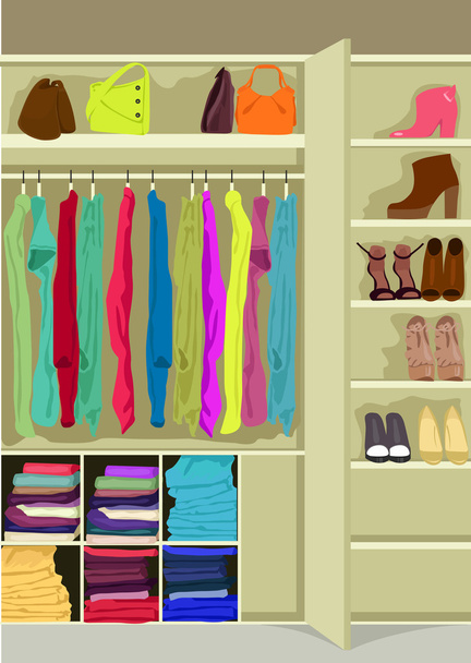 Wardrobe room full of womans cloths - Vektor, obrázek