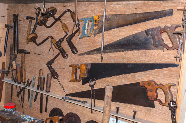 Woodworking tools in a carpenter's workshop.    - Photo, Image